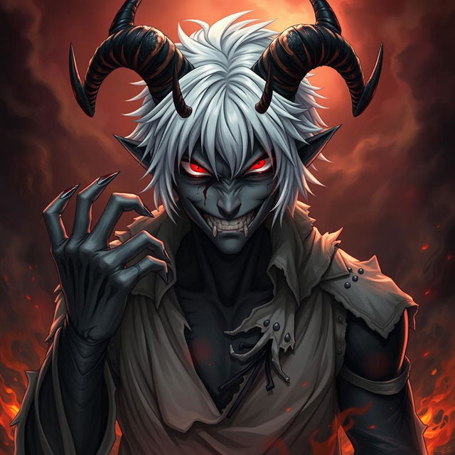 An imaginative depiction of Tomura Shigaraki reimagined as a demon, merging elements of his character from My Hero Academia with dark, demonic features