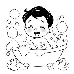 A black and white clipart illustration of a young boy enjoying his bath, surrounded by fluffy soap bubbles and playful rubber ducks