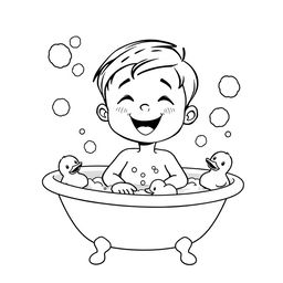 A black and white clipart illustration of a young boy enjoying his bath, surrounded by fluffy soap bubbles and playful rubber ducks