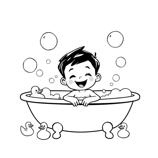 A black and white clipart illustration of a young boy enjoying his bath, surrounded by fluffy soap bubbles and playful rubber ducks