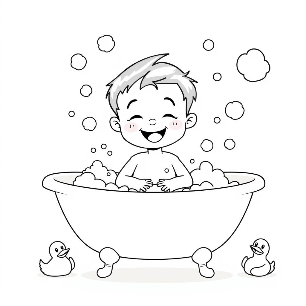 A black and white clipart illustration of a young boy enjoying his bath, surrounded by fluffy soap bubbles and playful rubber ducks