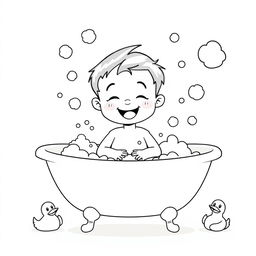 A black and white clipart illustration of a young boy enjoying his bath, surrounded by fluffy soap bubbles and playful rubber ducks