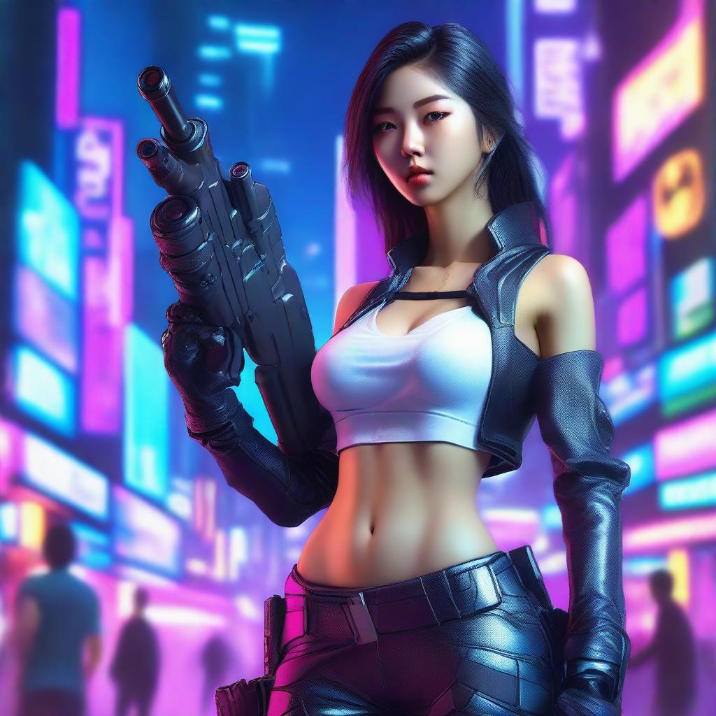 Hyper-realistic depiction of a beautiful young Korean girl in long pants and futuristic cyberpunk gear, powerfully shouldering a high-tech bazooka amidst the neon-lit, technologically-advanced cityscape