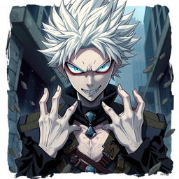 A captivating illustration of Tomura Shigaraki from My Hero Academia, portrayed with a focus on his menacing presence