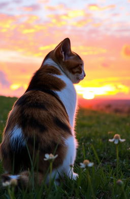 A beautiful calico cat sitting on a grassy hill, gazing out at a stunning sunset