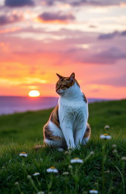 A beautiful calico cat sitting on a grassy hill, gazing out at a stunning sunset