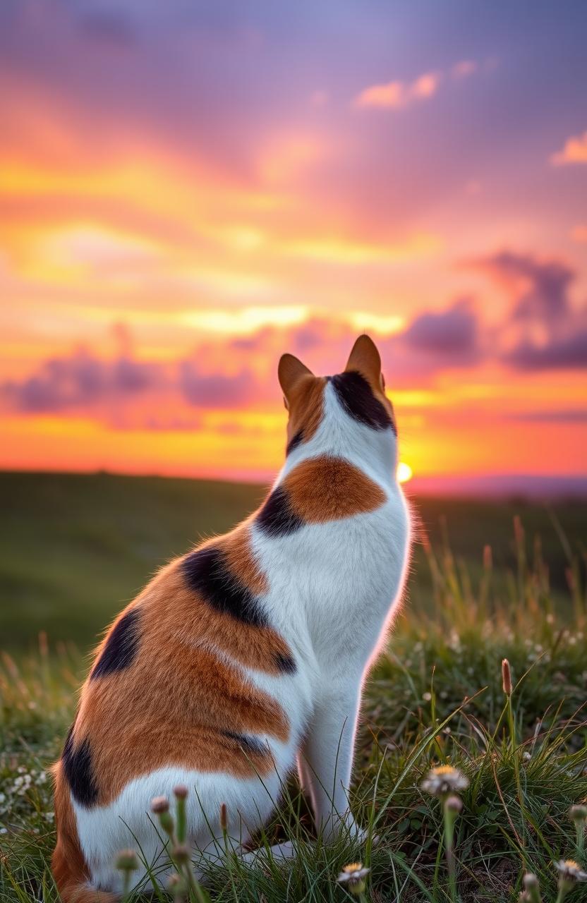 A beautiful calico cat sitting on a grassy hill, gazing out at a stunning sunset
