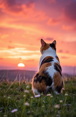 A beautiful calico cat sitting on a grassy hill, gazing out at a stunning sunset