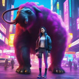 A hyper-realistic image of a beautiful young Korean girl, dressed in cyberpunk attire with long pants, standing undaunted amidst a mammoth, technicolor explosion in the high-tech, neon cityscape