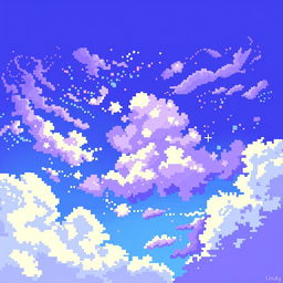 A beautiful pixel art scene depicting a sky filled with purple and blue colors, showcasing vibrant and contrasting shades