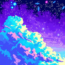 A beautiful pixel art scene depicting a sky filled with purple and blue colors, showcasing vibrant and contrasting shades