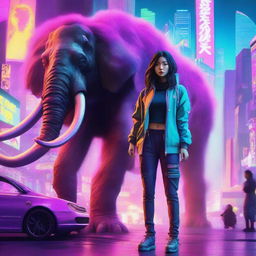 A hyper-realistic image of a beautiful young Korean girl, dressed in cyberpunk attire with long pants, standing undaunted amidst a mammoth, technicolor explosion in the high-tech, neon cityscape