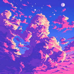 A beautiful pixel art scene depicting a sky filled with purple and blue colors, showcasing vibrant and contrasting shades