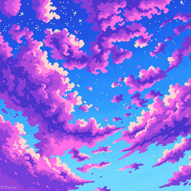 A beautiful pixel art scene depicting a sky filled with purple and blue colors, showcasing vibrant and contrasting shades