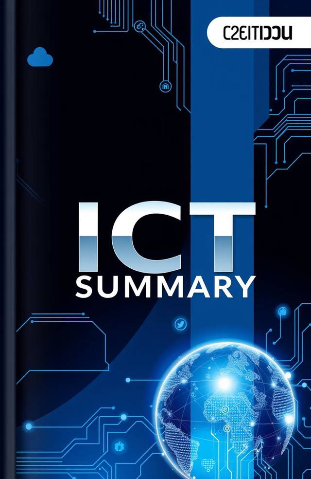 A visually appealing book cover design for an ICT (Information and Communications Technology) summary book