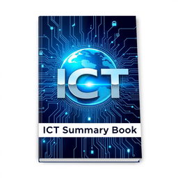 A visually appealing book cover design for an ICT (Information and Communications Technology) summary book, titled 'ICT Summary Book'