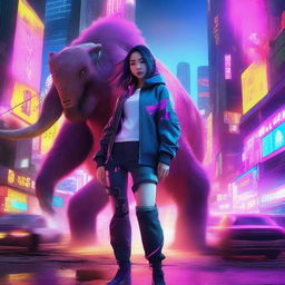 A hyper-realistic image of a beautiful young Korean girl, dressed in cyberpunk attire with long pants, standing undaunted amidst a mammoth, technicolor explosion in the high-tech, neon cityscape