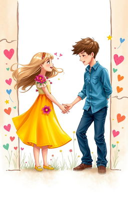 A scene depicting a girl and a boy on either side of an imaginative, colorful border that divides them