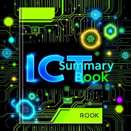A striking book cover design for an ICT (Information and Communications Technology) summary book, with the title 'ICT Summary Book' prominently featured