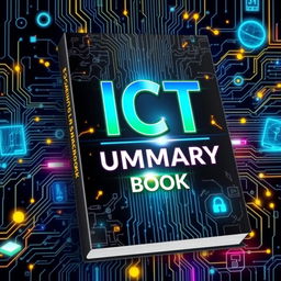 A striking book cover design for an ICT (Information and Communications Technology) summary book, with the title 'ICT Summary Book' prominently featured