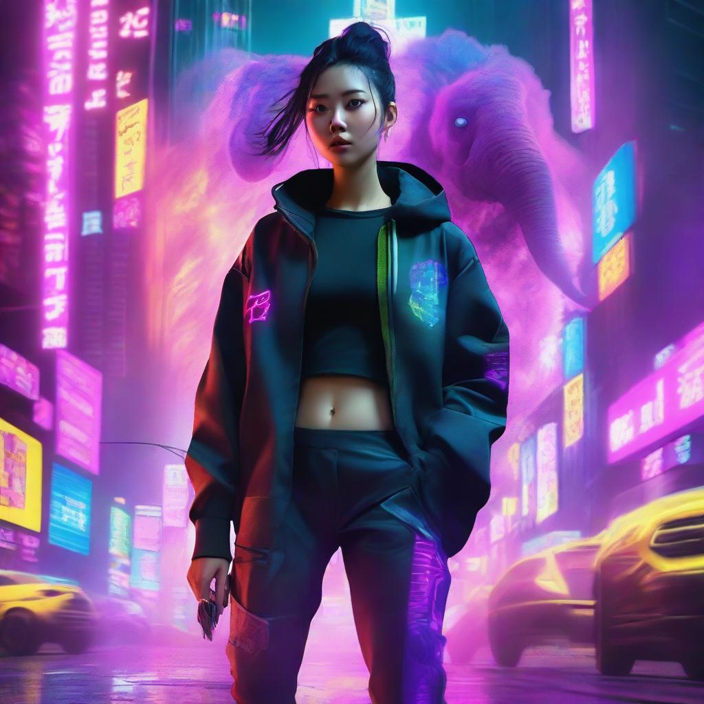 A hyper-realistic image of a beautiful young Korean girl, dressed in cyberpunk attire with long pants, standing undaunted amidst a mammoth, technicolor explosion in the high-tech, neon cityscape