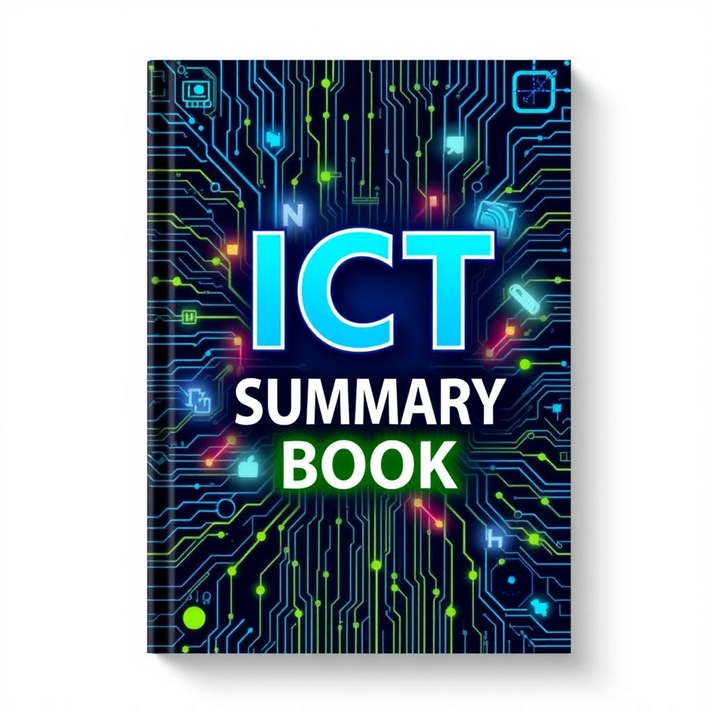 A striking book cover design for an ICT (Information and Communications Technology) summary book, with the title 'ICT Summary Book' prominently featured