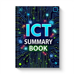 A striking book cover design for an ICT (Information and Communications Technology) summary book, with the title 'ICT Summary Book' prominently featured