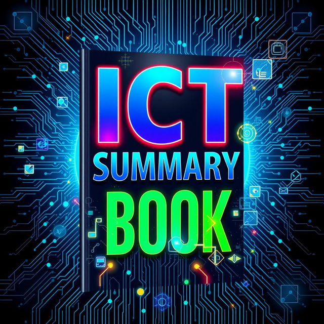 A striking book cover design for an ICT (Information and Communications Technology) summary book, with the title 'ICT Summary Book' prominently featured