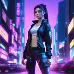 Hyper-realistic image of a beautiful young Korean girl, attired in long pants cyberpunk gear, standing resolute amidst the neon-illuminated skyline of a high-tech city