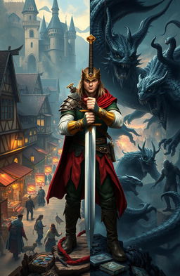 A dynamic and striking image featuring Arin Valtor, a skilled human swordsman, standing confidently at the center, holding his sword horizontally