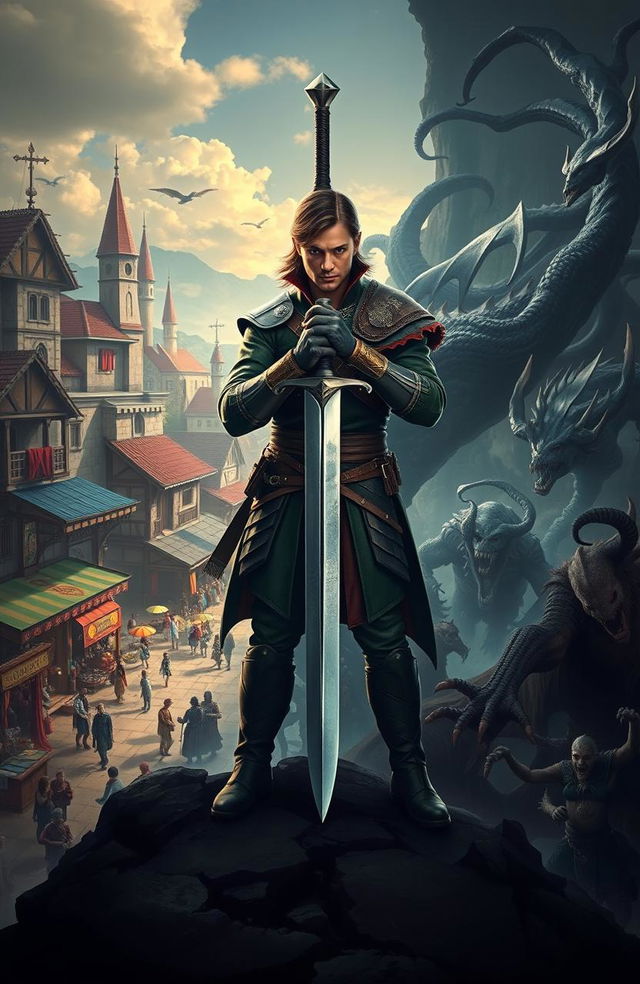 A dynamic and striking image featuring Arin Valtor, a skilled human swordsman, standing confidently at the center, holding his sword horizontally