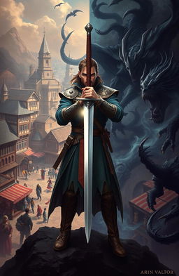 A dynamic and striking image featuring Arin Valtor, a skilled human swordsman, standing confidently at the center, holding his sword horizontally