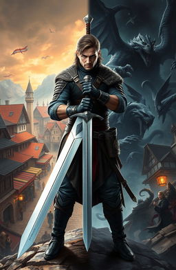 A dynamic and striking image featuring Arin Valtor, a skilled human swordsman, standing confidently at the center, holding his sword horizontally