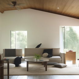 A modern yet minimalistic interior living room with natural light and simple furnishings.