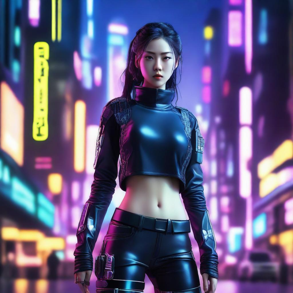 Hyper-realistic image of a beautiful young Korean girl, attired in long pants cyberpunk gear, standing resolute amidst the neon-illuminated skyline of a high-tech city