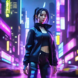 Hyper-realistic image of a beautiful young Korean girl, attired in long pants cyberpunk gear, standing resolute amidst the neon-illuminated skyline of a high-tech city