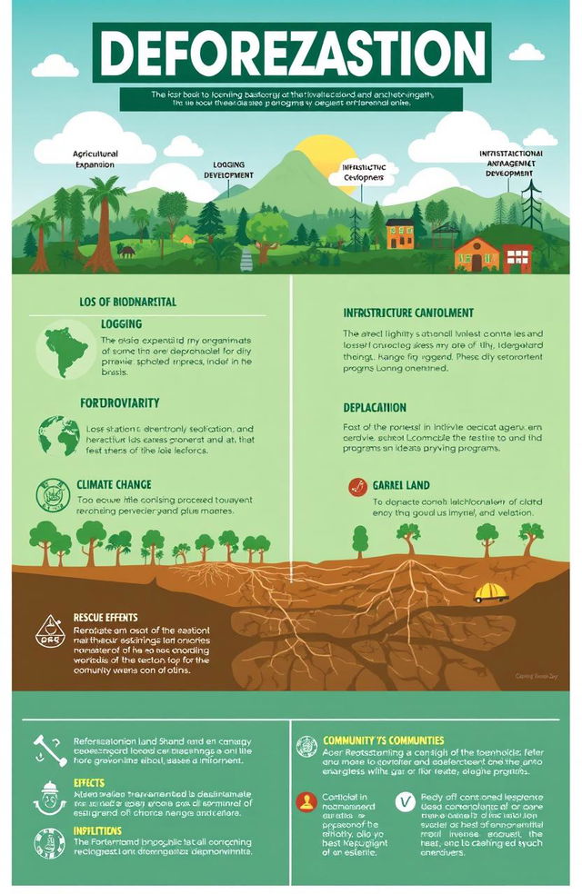 A visually engaging infographic on deforestation, illustrating the causes such as agricultural expansion, logging, and infrastructure development