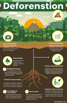 A visually engaging infographic on deforestation, illustrating the causes such as agricultural expansion, logging, and infrastructure development