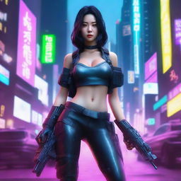 Hyper-realistic depiction of a stunning young Korean girl in long cyberpunk pants, fearlessly serving as a gunner in a high-intensity urban war amidst the neon-lit, technologically advanced cityscape