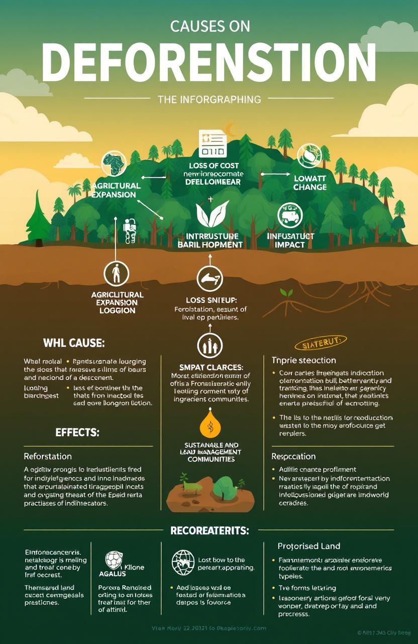 A visually engaging infographic on deforestation, illustrating the causes such as agricultural expansion, logging, and infrastructure development