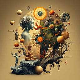 A conceptual and artistic representation of the development of philosophical thinking, juxtaposing Eastern and Western philosophies, focusing on ontology and developmental philosophy