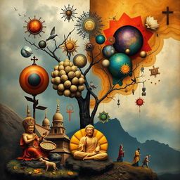 A conceptual and artistic representation of the development of philosophical thinking, juxtaposing Eastern and Western philosophies, focusing on ontology and developmental philosophy