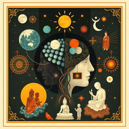 A conceptual and artistic representation of the development of philosophical thinking, juxtaposing Eastern and Western philosophies, focusing on ontology and developmental philosophy