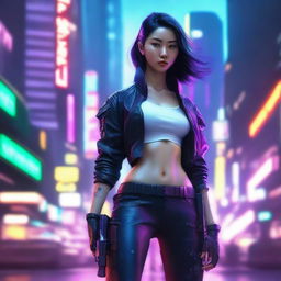 Hyper-realistic depiction of a stunning young Korean girl in long cyberpunk pants, fearlessly serving as a gunner in a high-intensity urban war amidst the neon-lit, technologically advanced cityscape