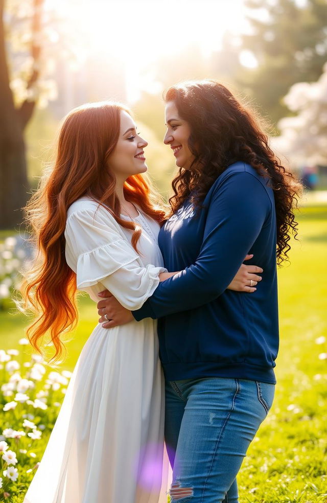 A tender and intimate scene depicting two women sharing a loving gaze, standing close together in a warm embrace