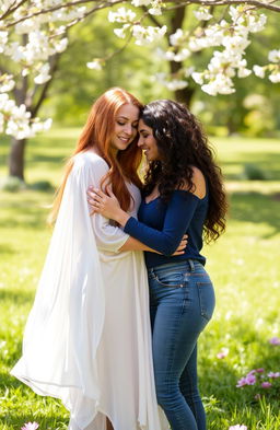 A tender and intimate scene depicting two women sharing a loving gaze, standing close together in a warm embrace