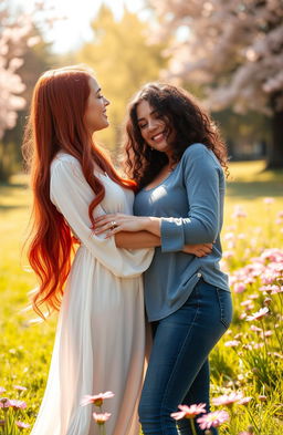 A tender and intimate scene depicting two women sharing a loving gaze, standing close together in a warm embrace