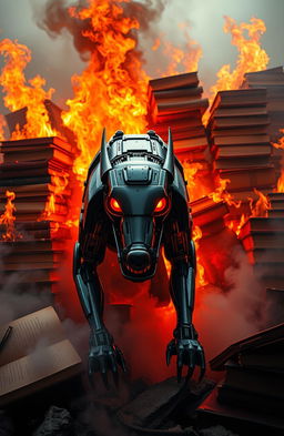A dramatic scene depicting a mechanical hound from "Fahrenheit 451" surrounded by fire and books burning in the background