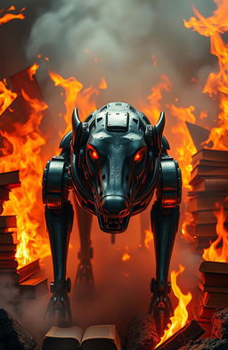 A dramatic scene depicting a mechanical hound from "Fahrenheit 451" surrounded by fire and books burning in the background