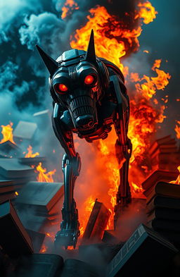 A dramatic scene depicting a mechanical hound from "Fahrenheit 451" surrounded by fire and books burning in the background